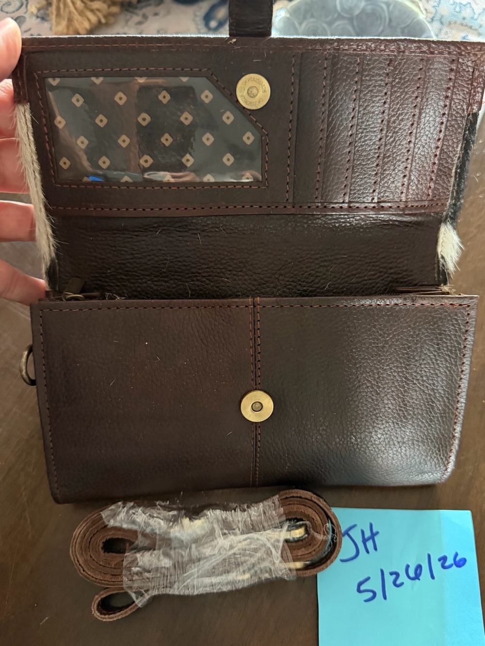 Brown Leather & Cowhide Clutch Wallet w/ crossbody strap - Picture 3 of 6